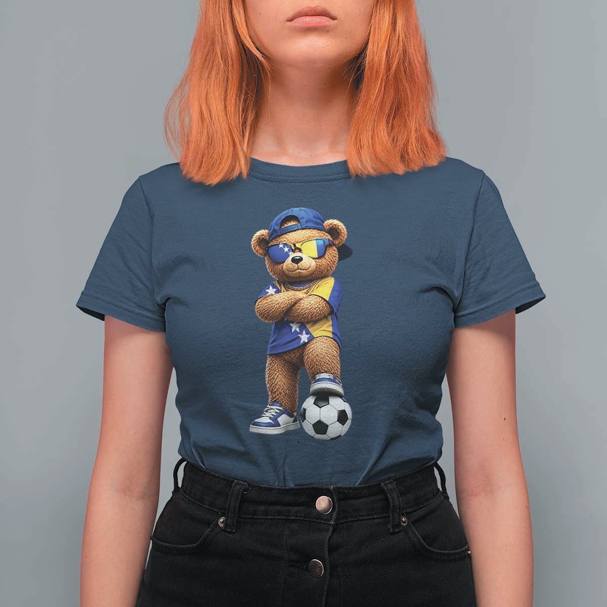 Cool Bosnia Herzegovina Flag Teddy Bear Soccer Fan T Shirt For Women BIH Bosnian Heritage Football Lovers