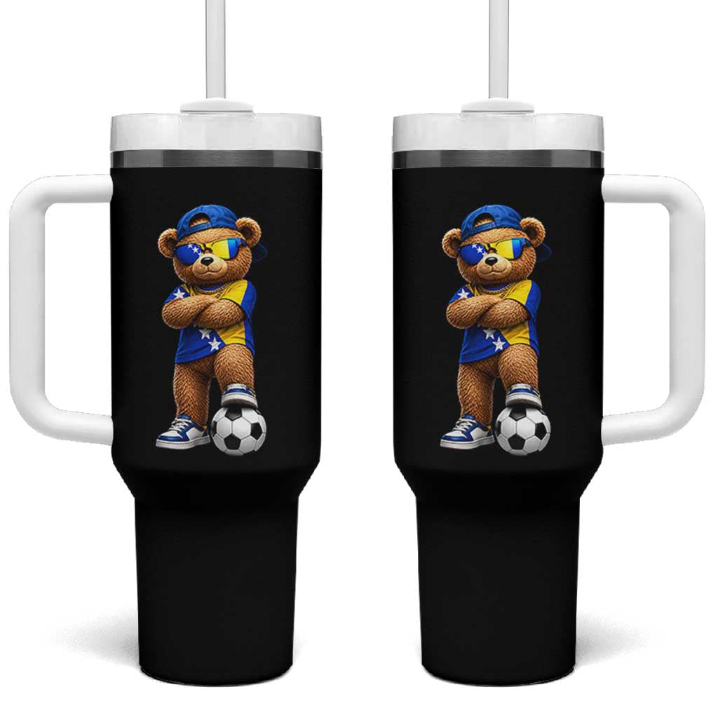 Cool Bosnia Herzegovina Flag Teddy Bear Soccer Fan Tumbler With Handle BIH Bosnian Heritage Football Lovers