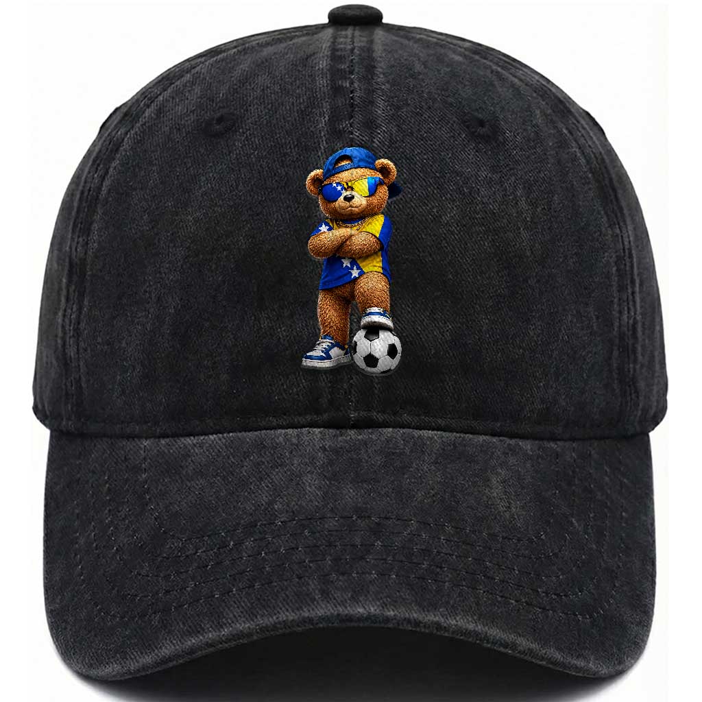 Cool Bosnia Herzegovina Flag Teddy Bear Soccer Fan Washed Cotton Baseball Cap BIH Bosnian Heritage Football Lovers