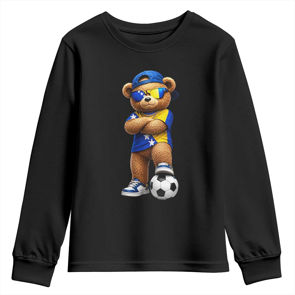 Cool Bosnia Herzegovina Flag Teddy Bear Soccer Fan Youth Sweatshirt BIH Bosnian Heritage Football Lovers