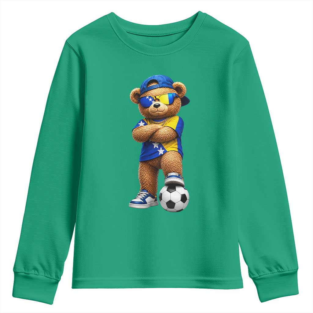 Cool Bosnia Herzegovina Flag Teddy Bear Soccer Fan Youth Sweatshirt BIH Bosnian Heritage Football Lovers