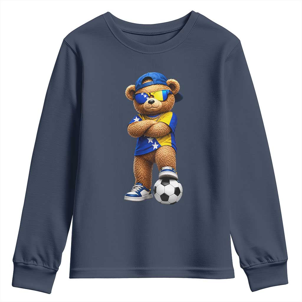 Cool Bosnia Herzegovina Flag Teddy Bear Soccer Fan Youth Sweatshirt BIH Bosnian Heritage Football Lovers