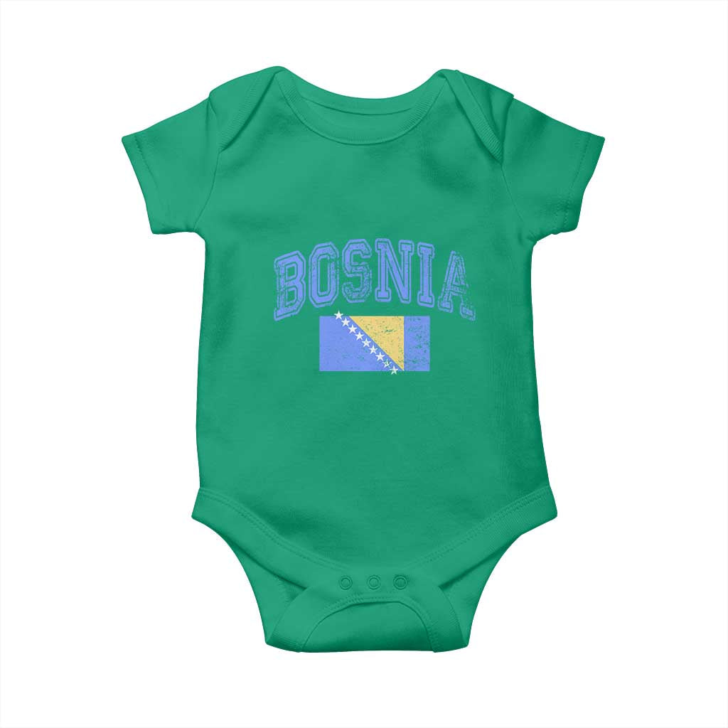 Classic Distressed Bosnia National Flag Varsity Style Baby Onesie Sports Fan Athletic Graphic
