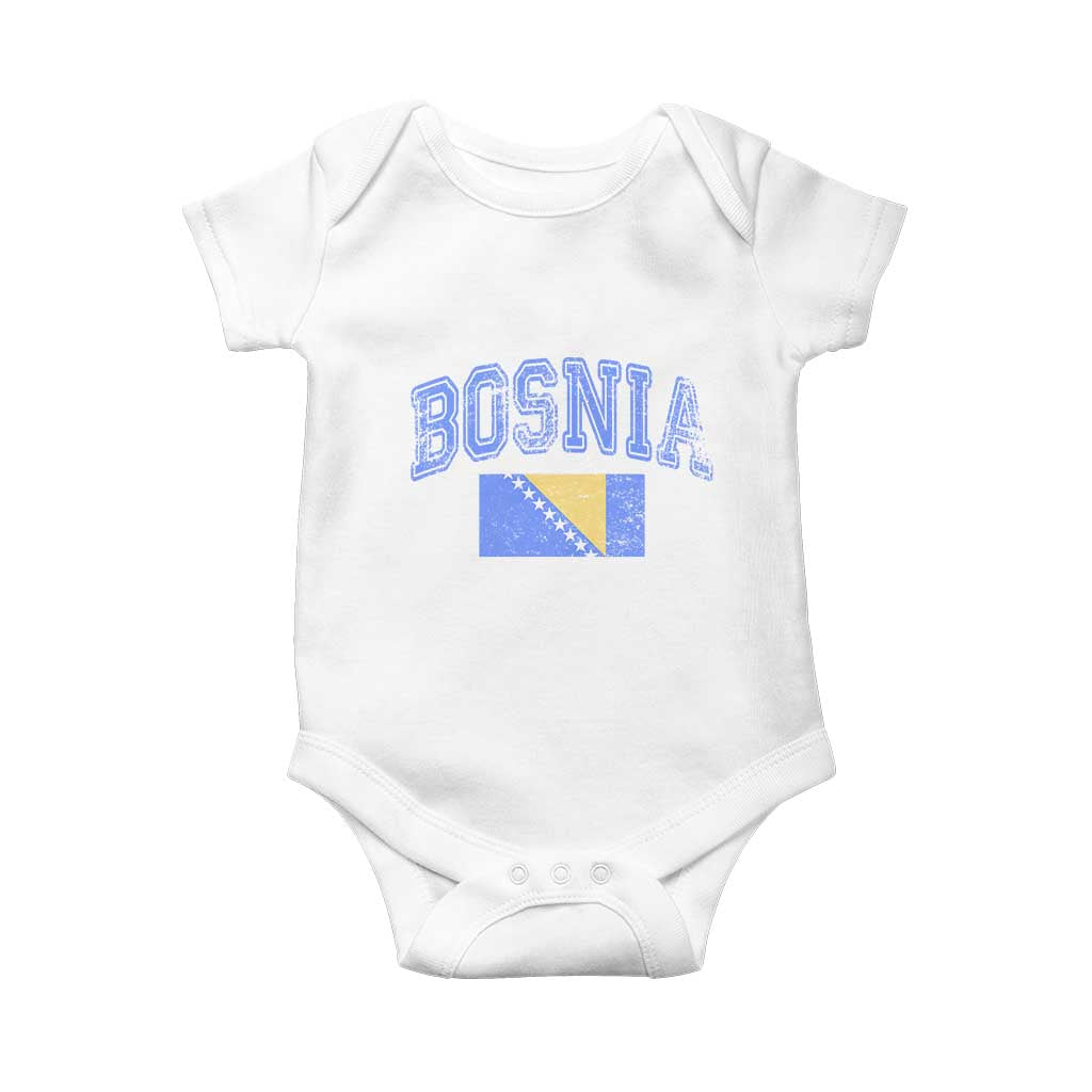 Classic Distressed Bosnia National Flag Varsity Style Baby Onesie Sports Fan Athletic Graphic