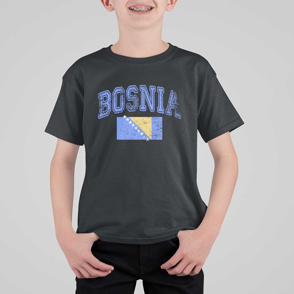 Classic Distressed Bosnia National Flag Varsity Style T Shirt For Kid Sports Fan Athletic Graphic