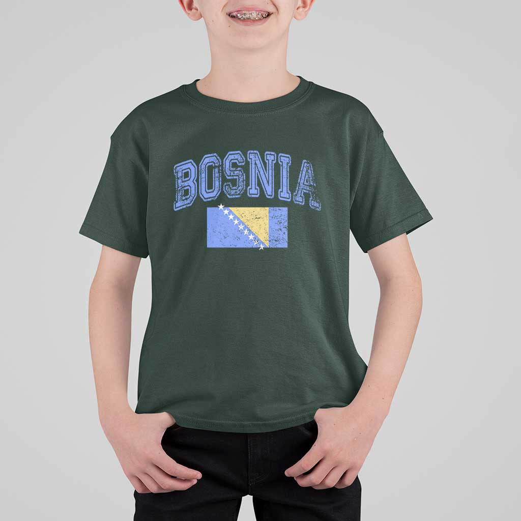 Classic Distressed Bosnia National Flag Varsity Style T Shirt For Kid Sports Fan Athletic Graphic