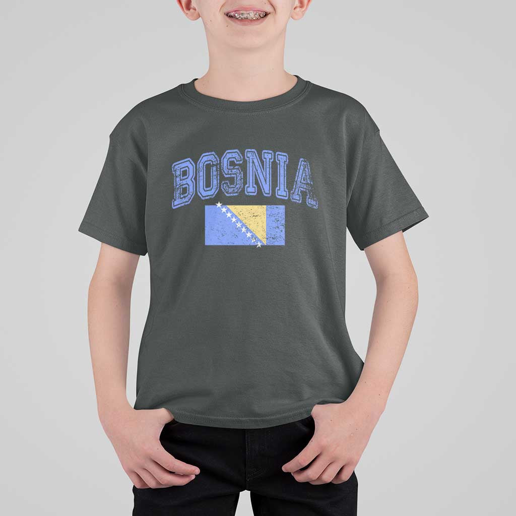 Classic Distressed Bosnia National Flag Varsity Style T Shirt For Kid Sports Fan Athletic Graphic