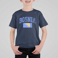 Classic Distressed Bosnia National Flag Varsity Style T Shirt For Kid Sports Fan Athletic Graphic