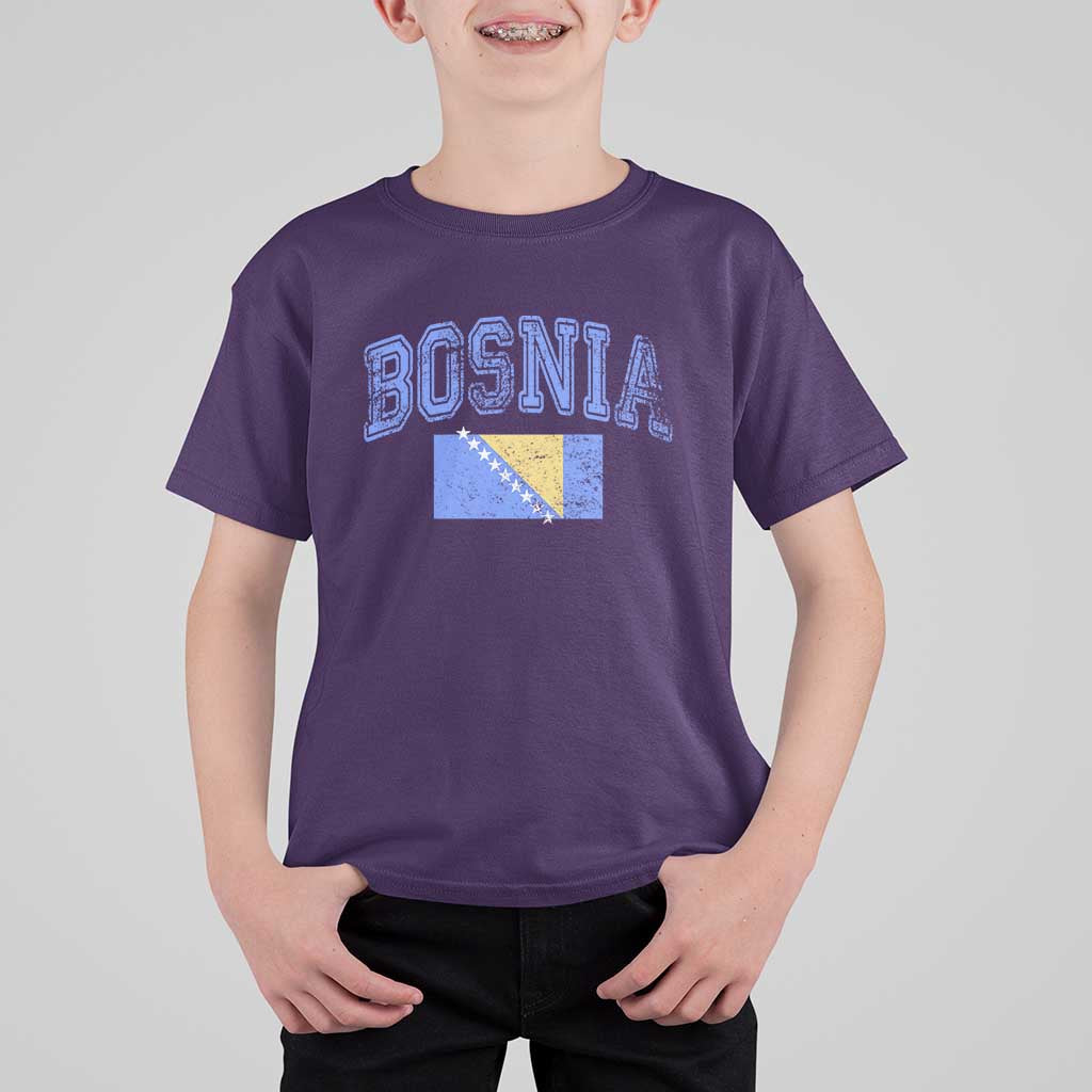 Classic Distressed Bosnia National Flag Varsity Style T Shirt For Kid Sports Fan Athletic Graphic