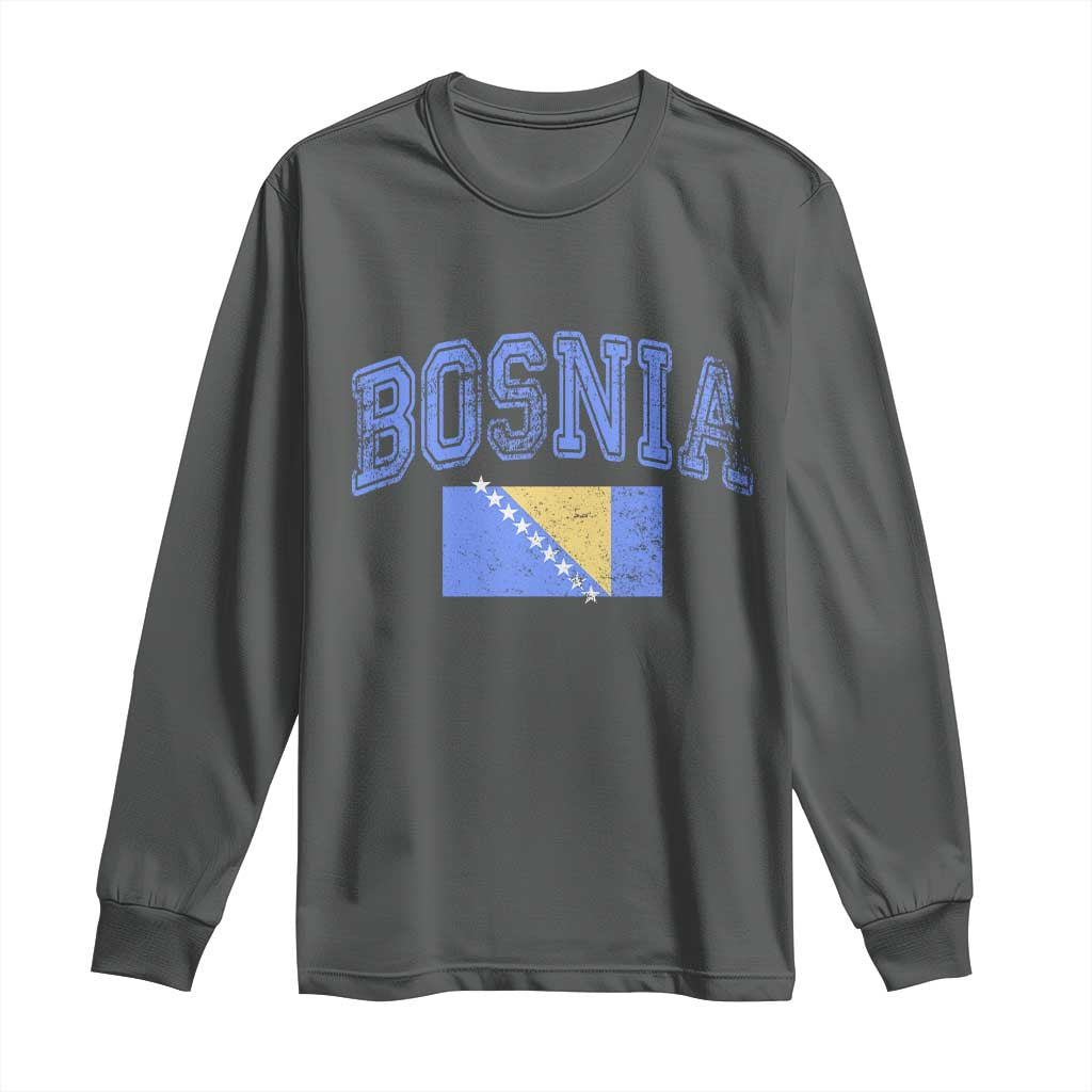Classic Distressed Bosnia National Flag Varsity Style Long Sleeve Shirt Sports Fan Athletic Graphic