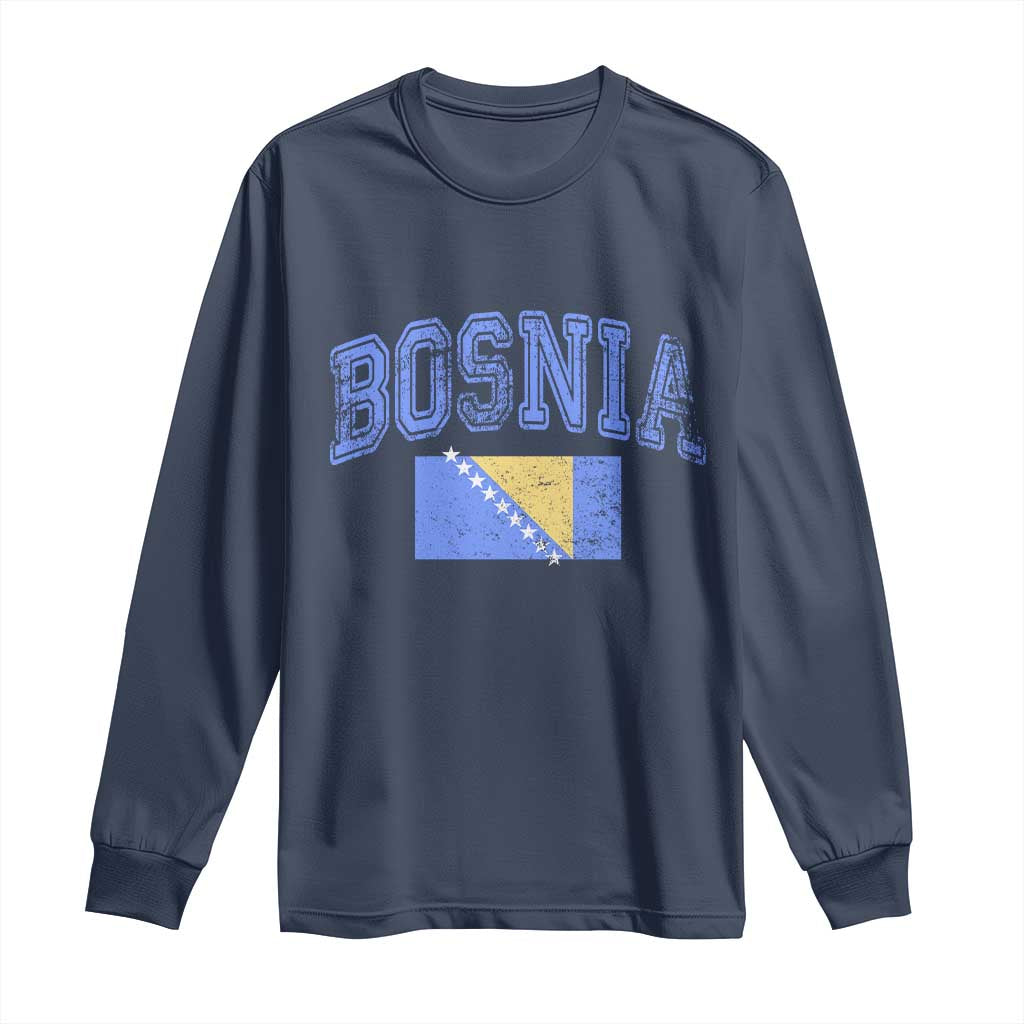 Classic Distressed Bosnia National Flag Varsity Style Long Sleeve Shirt Sports Fan Athletic Graphic