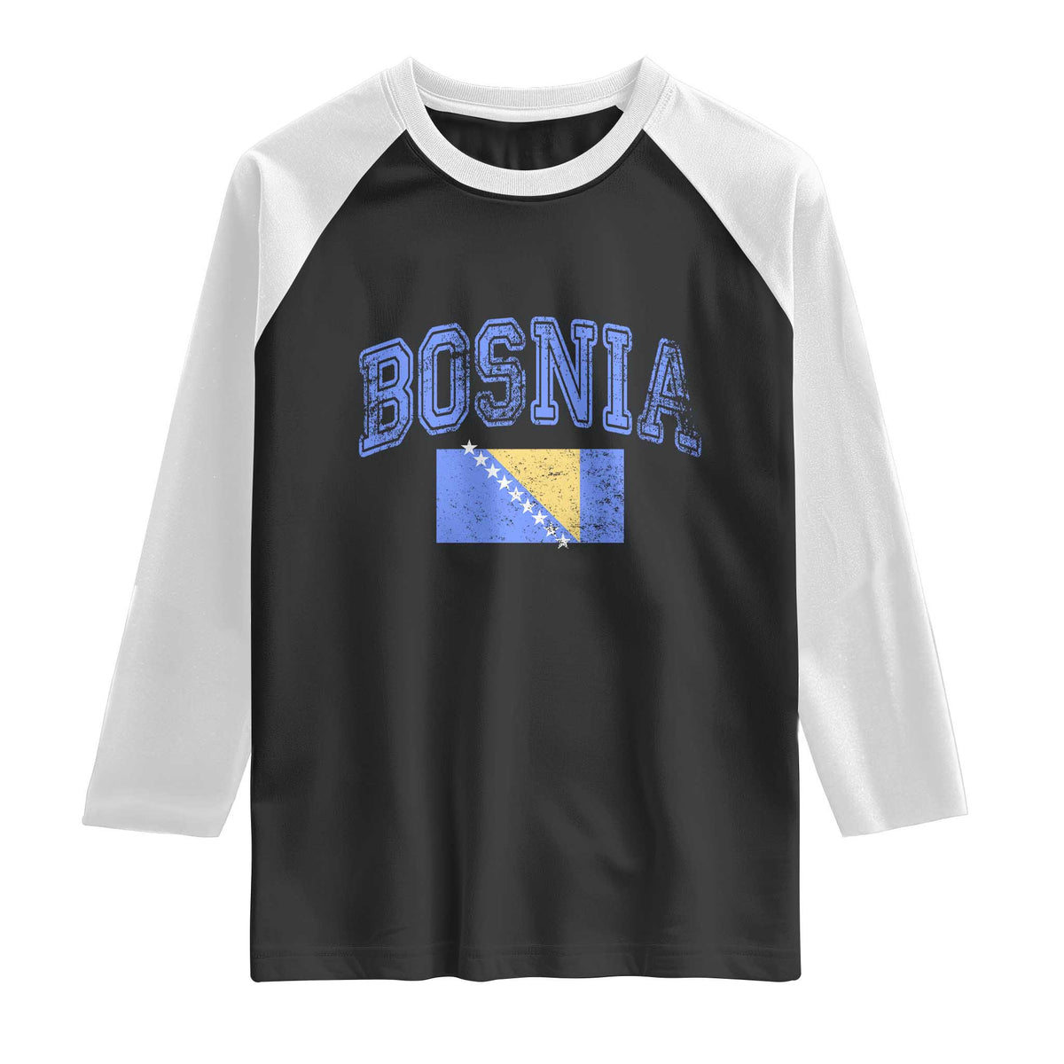 Classic Distressed Bosnia National Flag Varsity Style Raglan Shirt Sports Fan Athletic Graphic