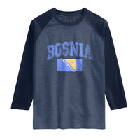 Classic Distressed Bosnia National Flag Varsity Style Raglan Shirt Sports Fan Athletic Graphic
