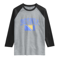 Classic Distressed Bosnia National Flag Varsity Style Raglan Shirt Sports Fan Athletic Graphic