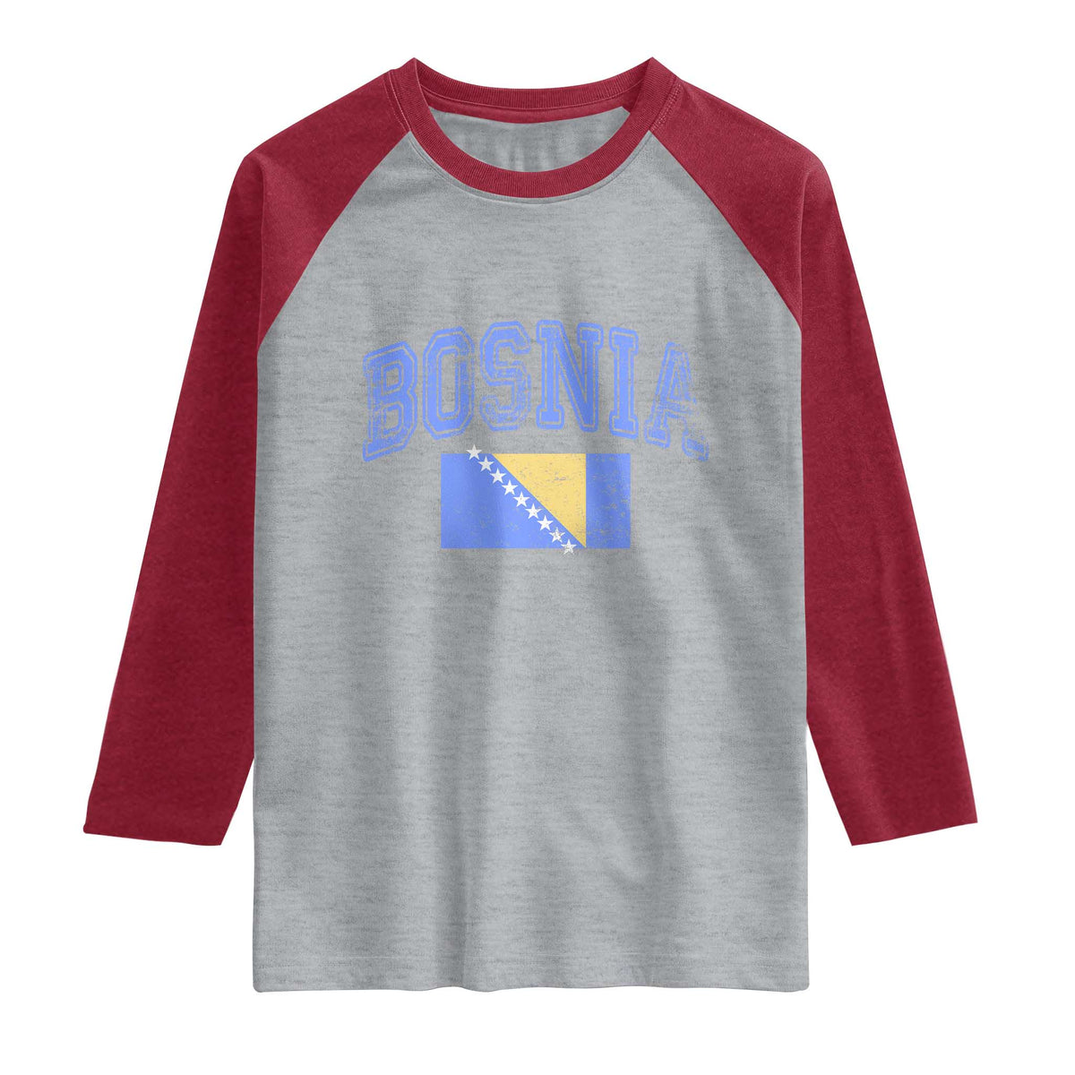 Classic Distressed Bosnia National Flag Varsity Style Raglan Shirt Sports Fan Athletic Graphic