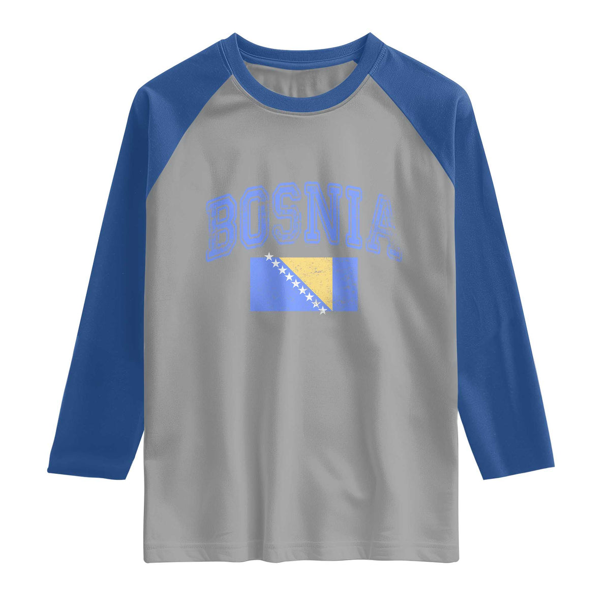 Classic Distressed Bosnia National Flag Varsity Style Raglan Shirt Sports Fan Athletic Graphic