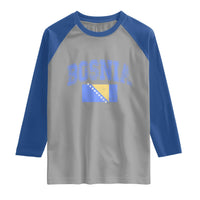 Classic Distressed Bosnia National Flag Varsity Style Raglan Shirt Sports Fan Athletic Graphic
