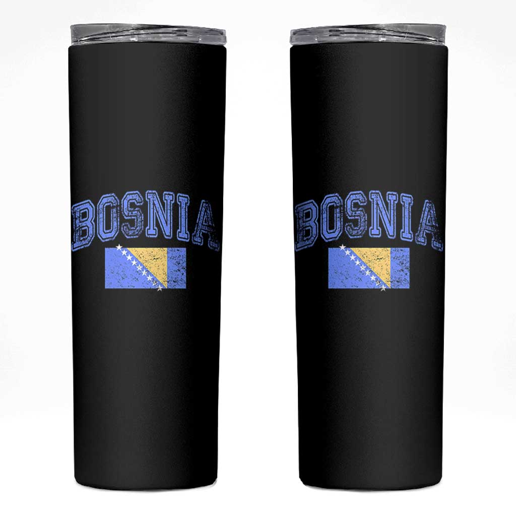 Classic Distressed Bosnia National Flag Varsity Style Skinny Tumbler Sports Fan Athletic Graphic