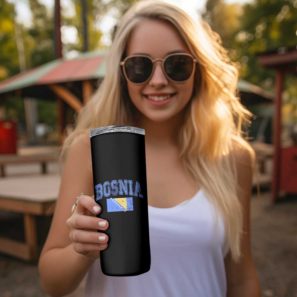 Classic Distressed Bosnia National Flag Varsity Style Skinny Tumbler Sports Fan Athletic Graphic