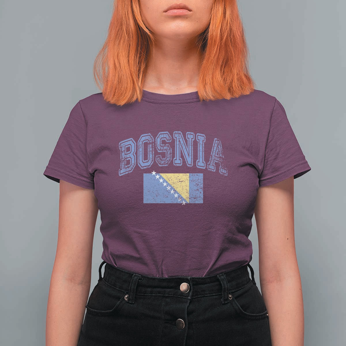 Classic Distressed Bosnia National Flag Varsity Style T Shirt For Women Sports Fan Athletic Graphic