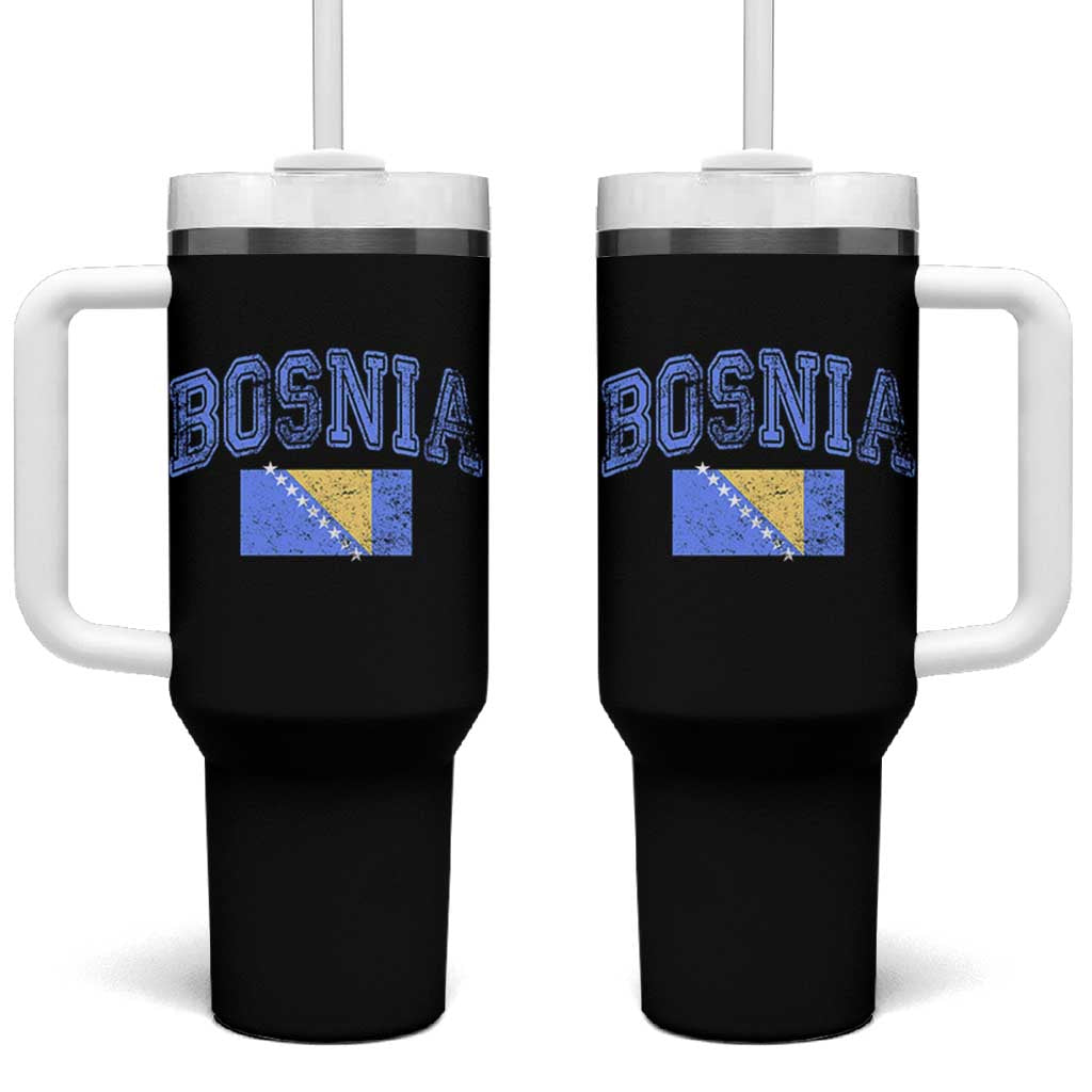 Classic Distressed Bosnia National Flag Varsity Style Tumbler With Handle Sports Fan Athletic Graphic