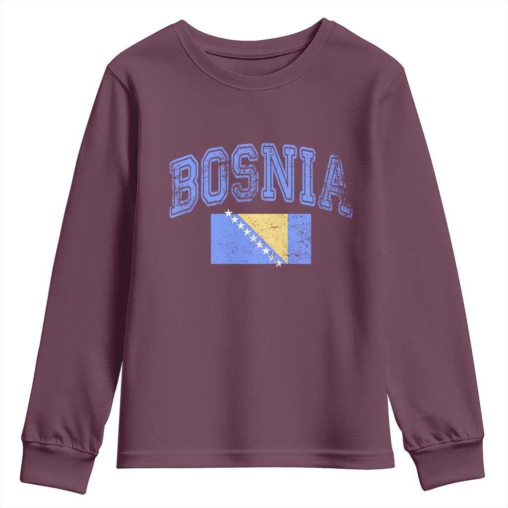 Classic Distressed Bosnia National Flag Varsity Style Youth Sweatshirt Sports Fan Athletic Graphic