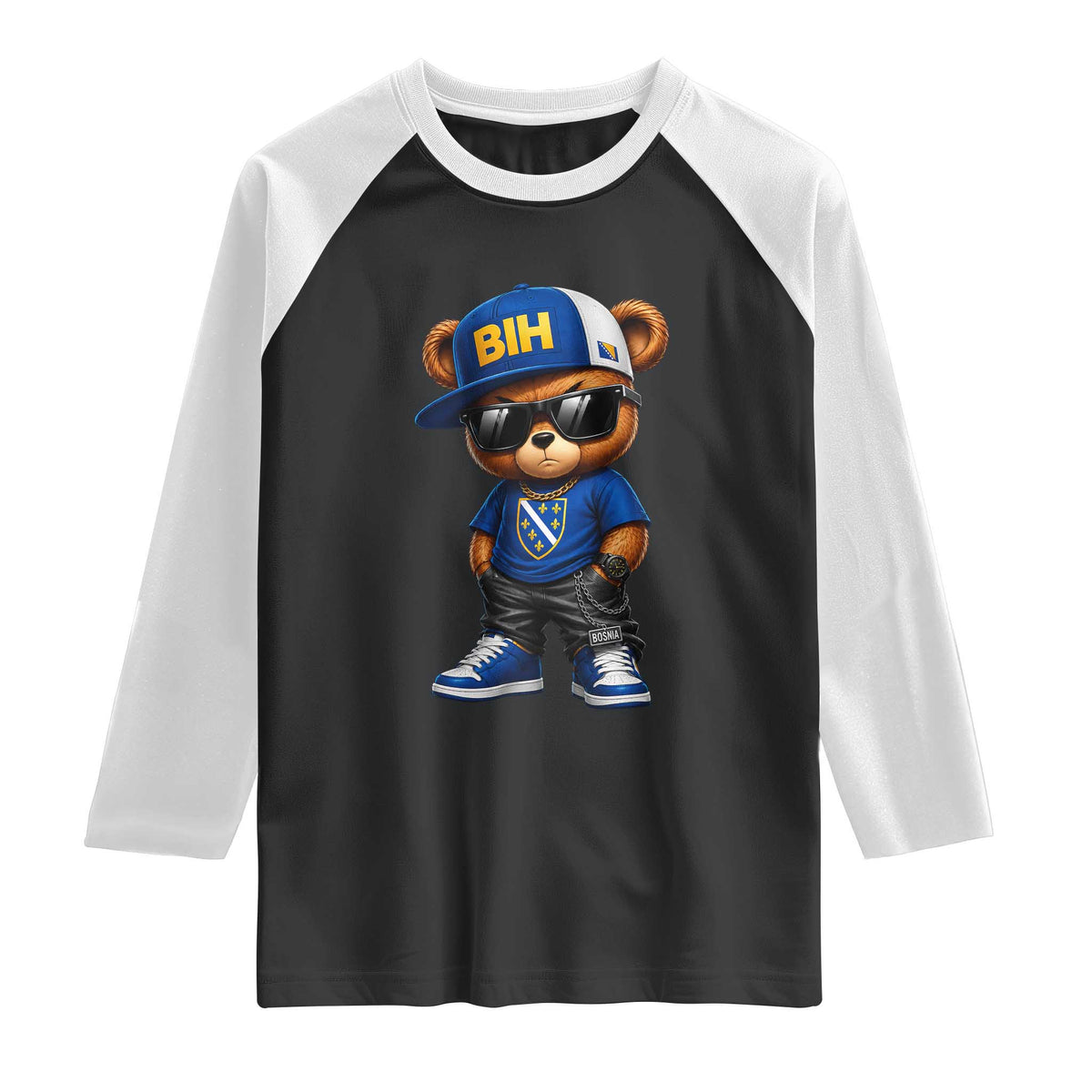 BIH Bosnia Teddy Bear Graphic Raglan Shirt Golden Lily Heritage Urban Streetwear Style