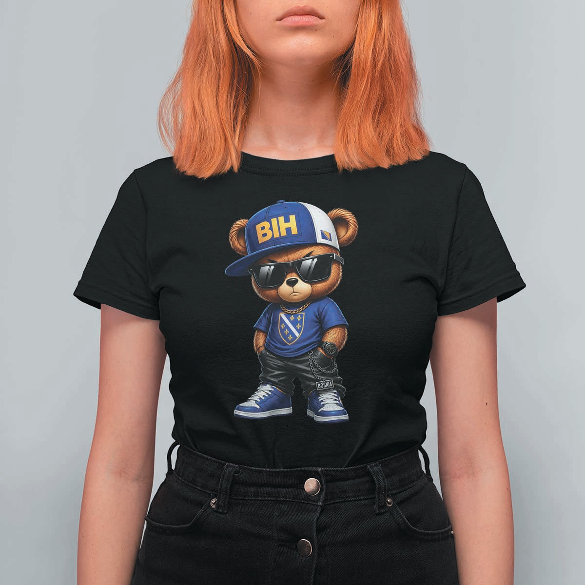 BIH Bosnia Teddy Bear Graphic T Shirt For Women Golden Lily Heritage Urban Streetwear Style