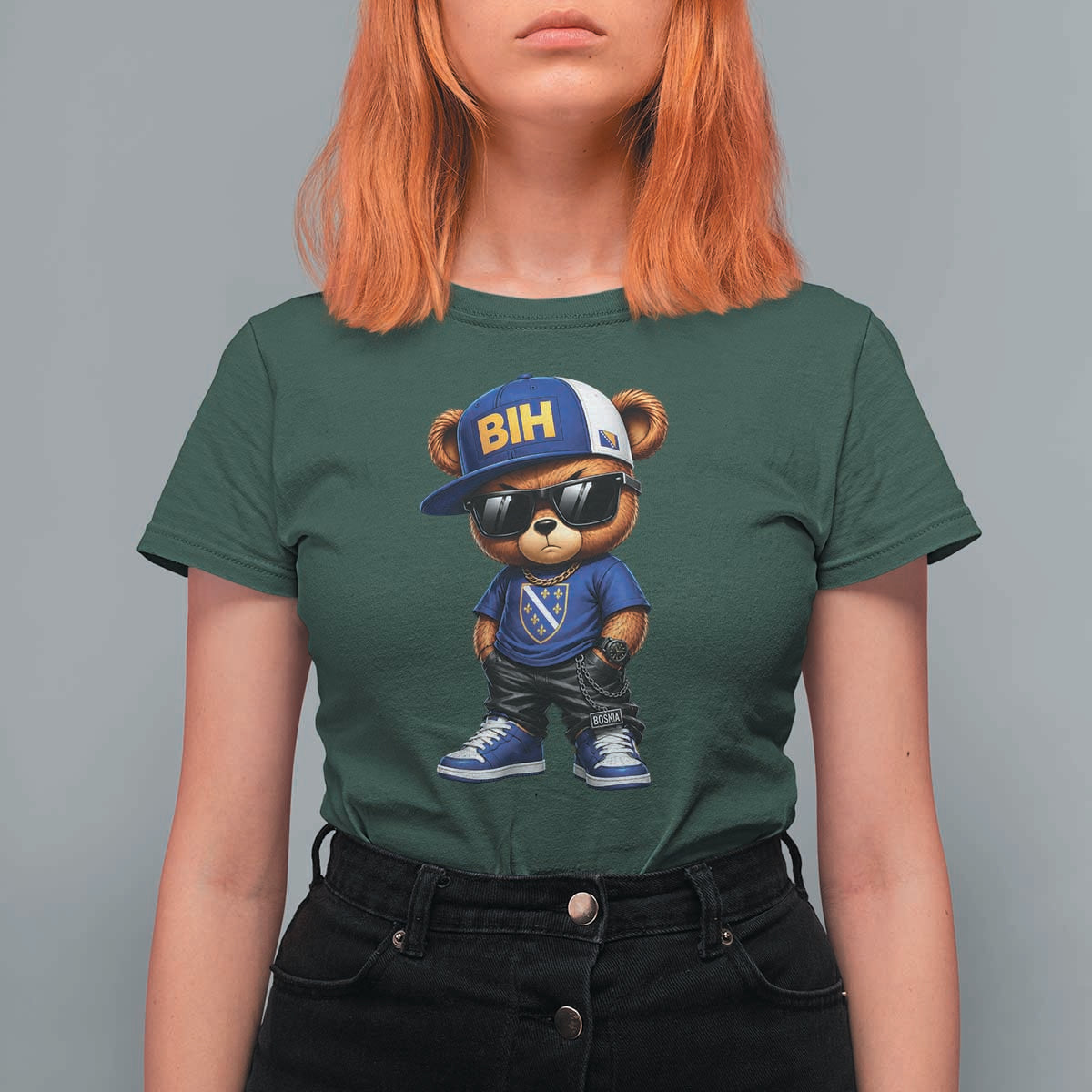 BIH Bosnia Teddy Bear Graphic T Shirt For Women Golden Lily Heritage Urban Streetwear Style