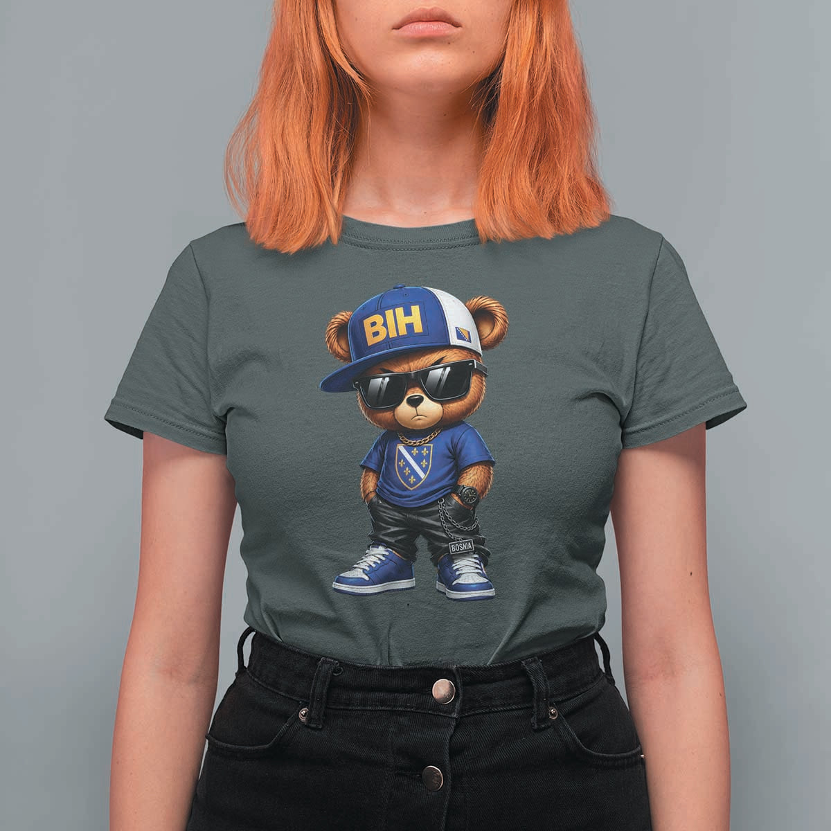 BIH Bosnia Teddy Bear Graphic T Shirt For Women Golden Lily Heritage Urban Streetwear Style