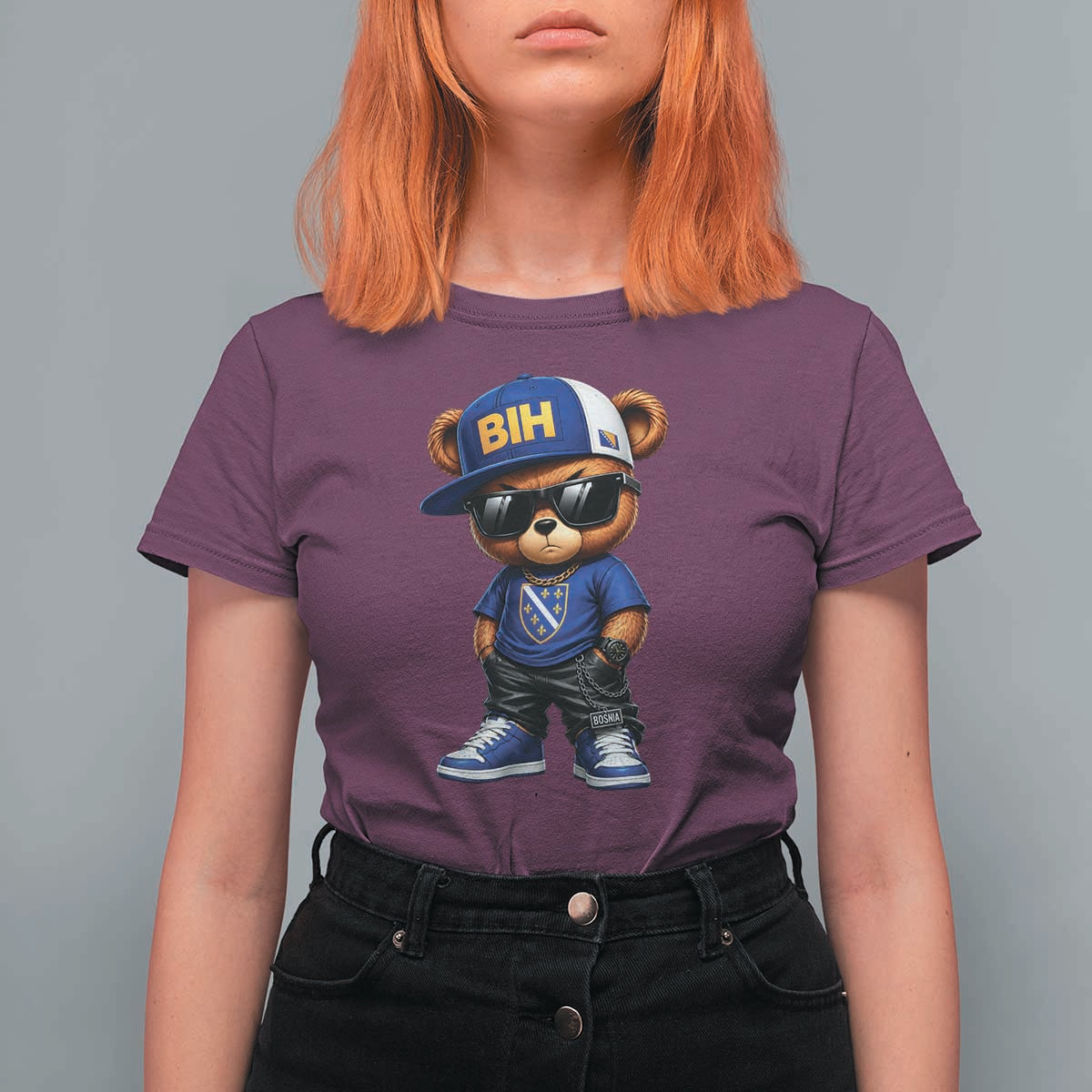 BIH Bosnia Teddy Bear Graphic T Shirt For Women Golden Lily Heritage Urban Streetwear Style