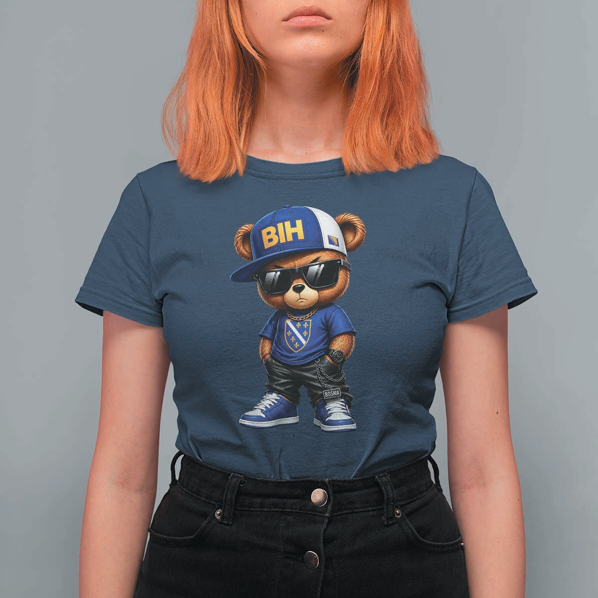 BIH Bosnia Teddy Bear Graphic T Shirt For Women Golden Lily Heritage Urban Streetwear Style