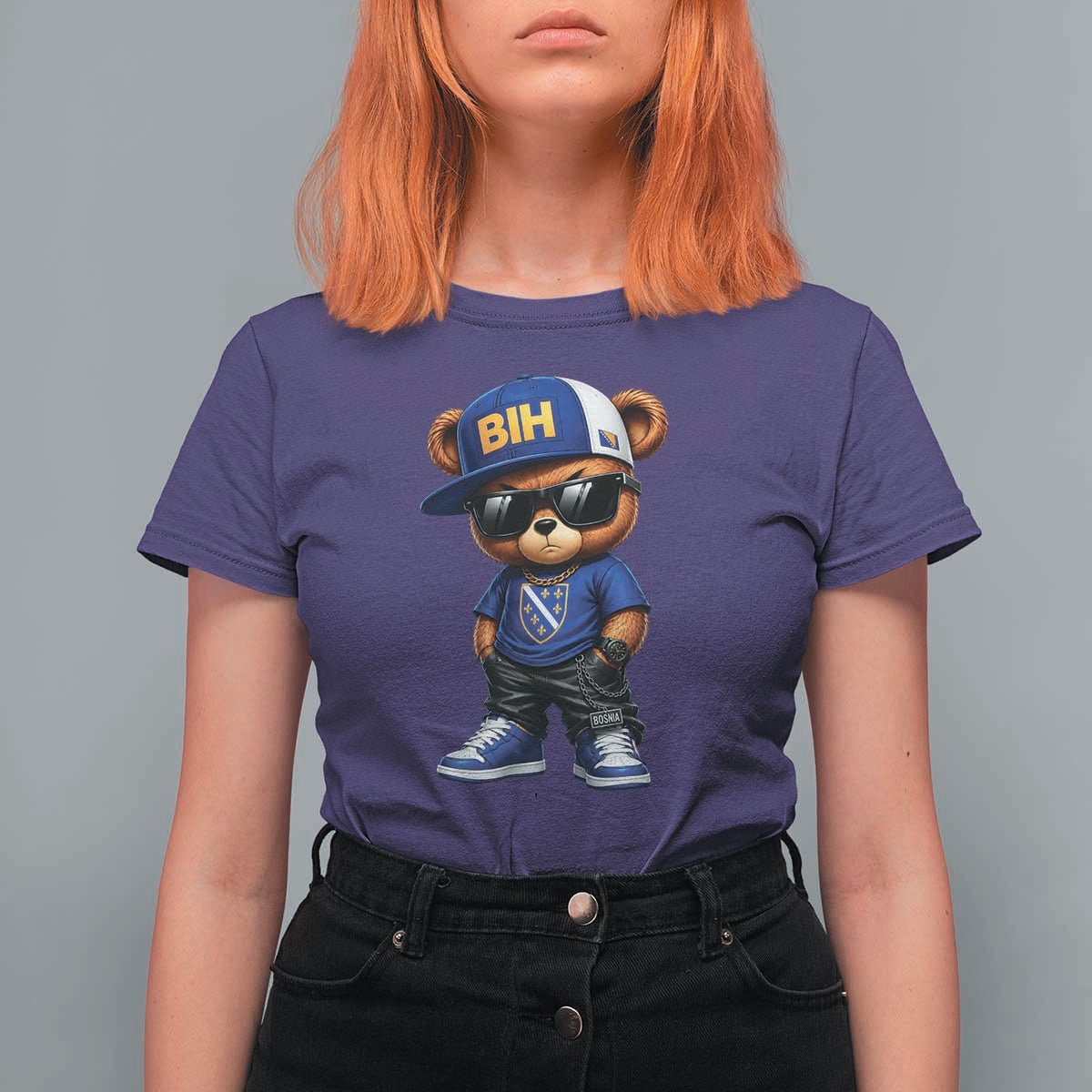 BIH Bosnia Teddy Bear Graphic T Shirt For Women Golden Lily Heritage Urban Streetwear Style