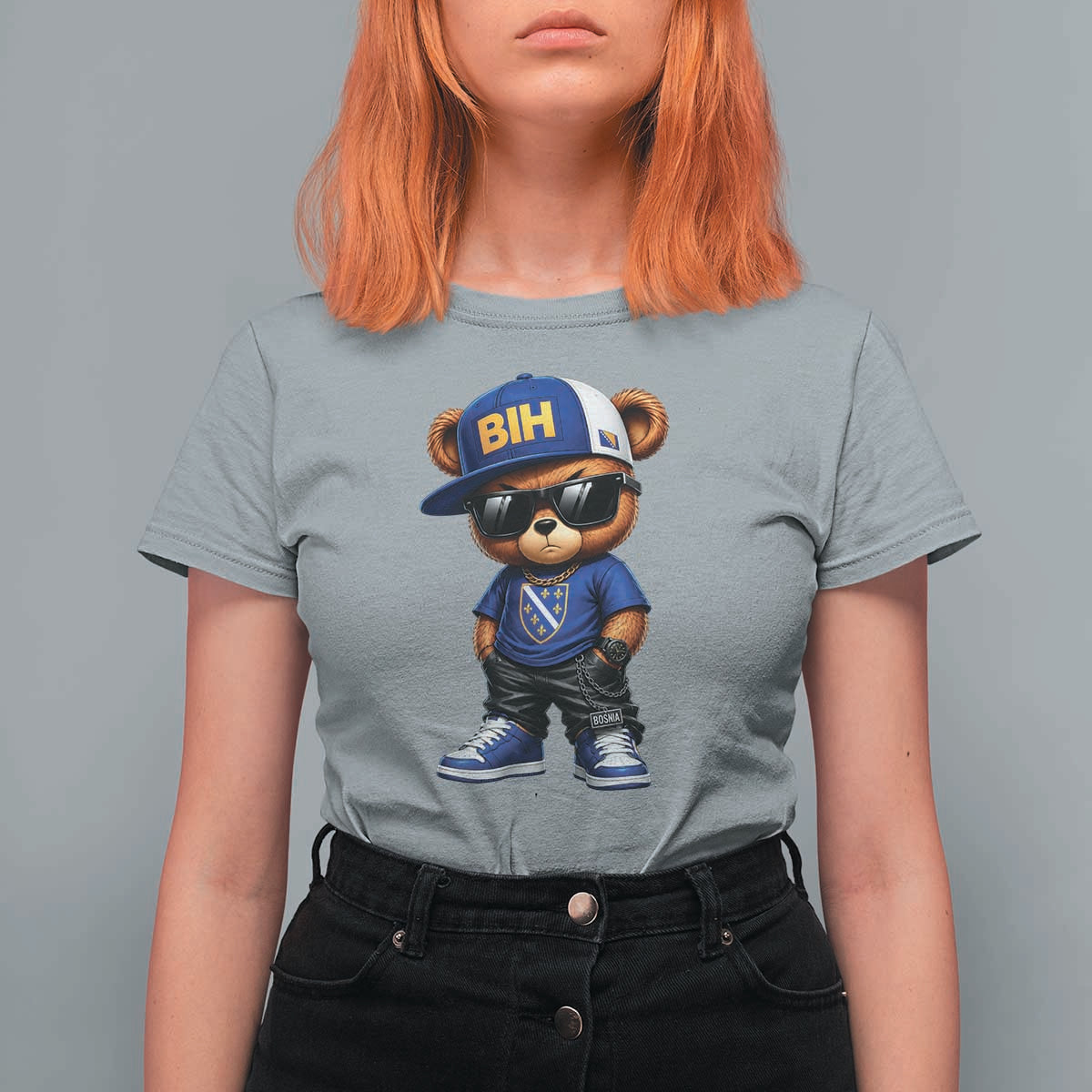 BIH Bosnia Teddy Bear Graphic T Shirt For Women Golden Lily Heritage Urban Streetwear Style