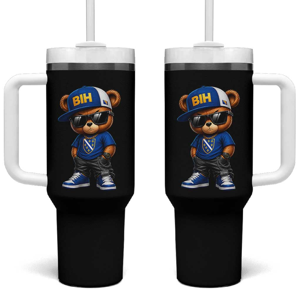 BIH Bosnia Teddy Bear Graphic Tumbler With Handle Golden Lily Heritage Urban Streetwear Style