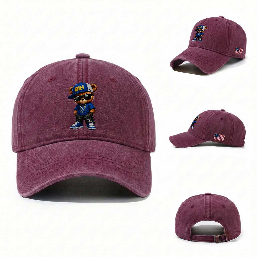 BIH Bosnia Teddy Bear Graphic Washed Cotton Baseball Cap Golden Lily Heritage Urban Streetwear Style