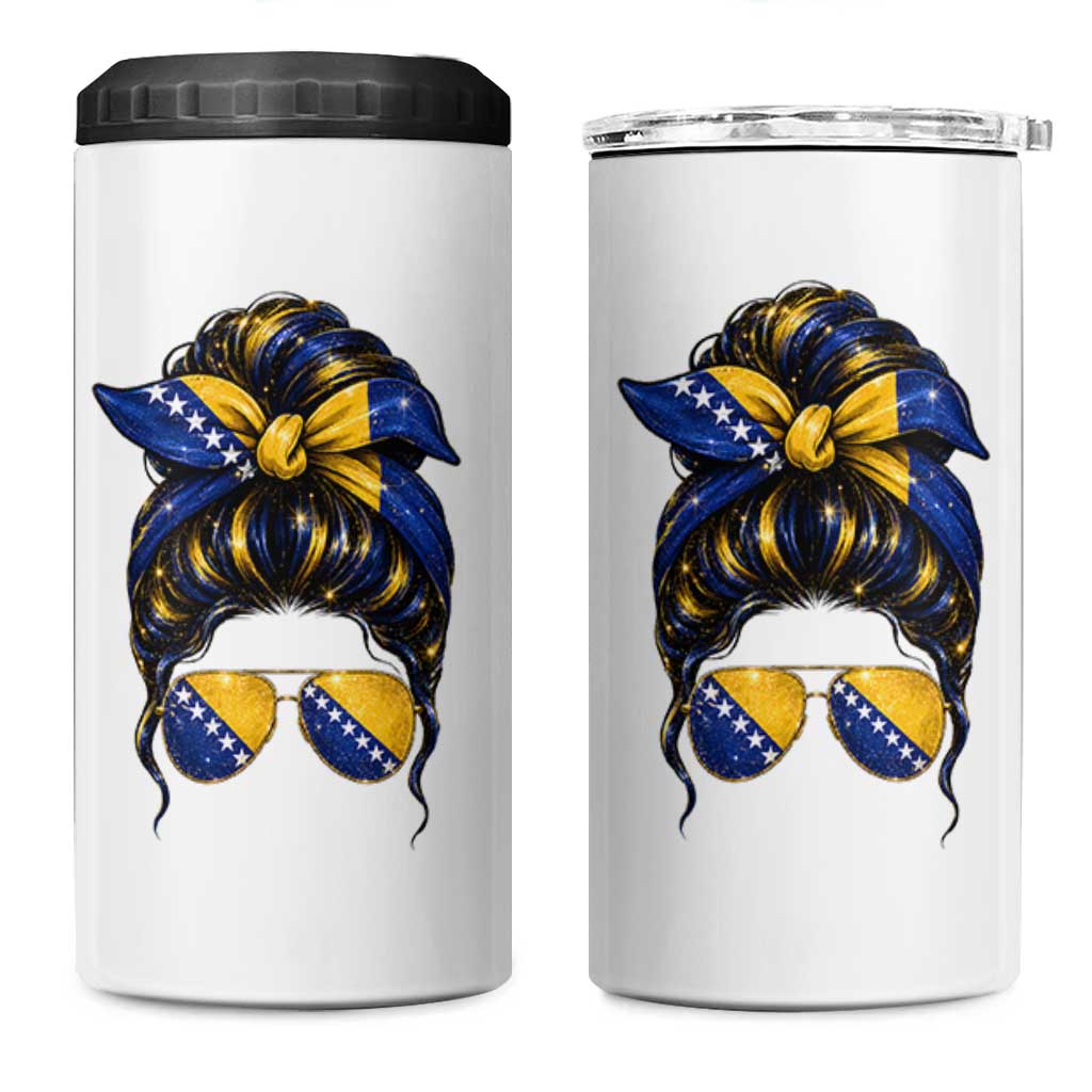 Bosnian Girl Messy Bun Flag Bandana Woman Graphic 4 in 1 Can Cooler Tumbler Bosnia Herzegovina Pride