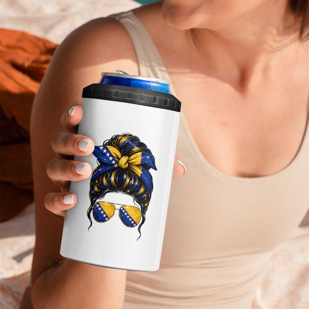 Bosnian Girl Messy Bun Flag Bandana Woman Graphic 4 in 1 Can Cooler Tumbler Bosnia Herzegovina Pride
