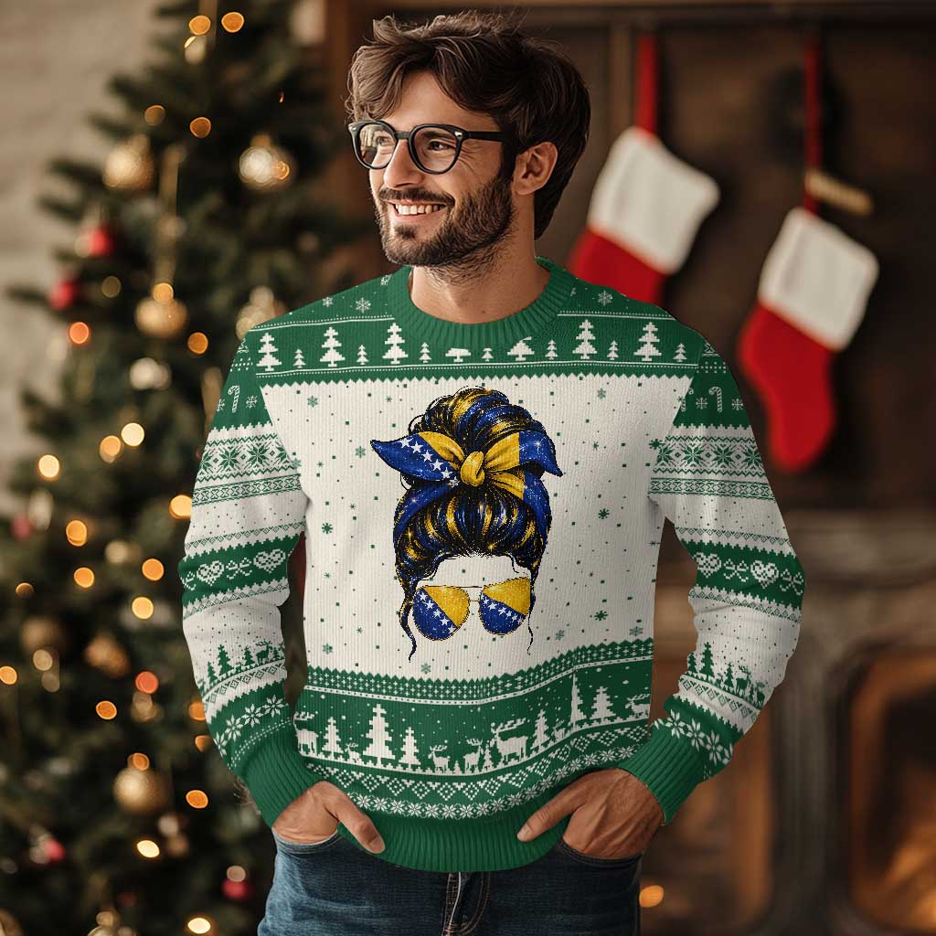 Bosnian Girl Messy Bun Flag Bandana Woman Graphic Ugly Christmas Sweater Bosnia Herzegovina Pride