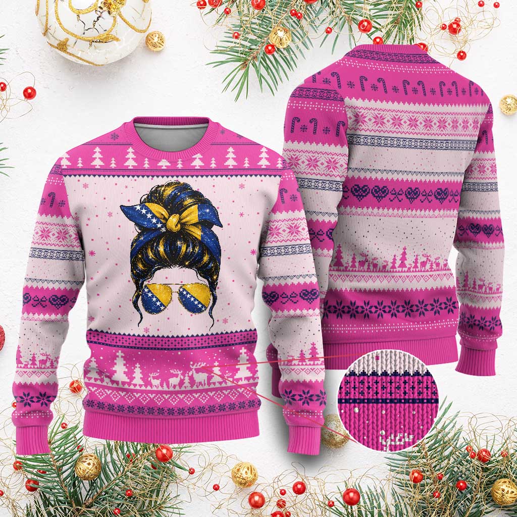 Bosnian Girl Messy Bun Flag Bandana Woman Graphic Ugly Christmas Sweater Bosnia Herzegovina Pride