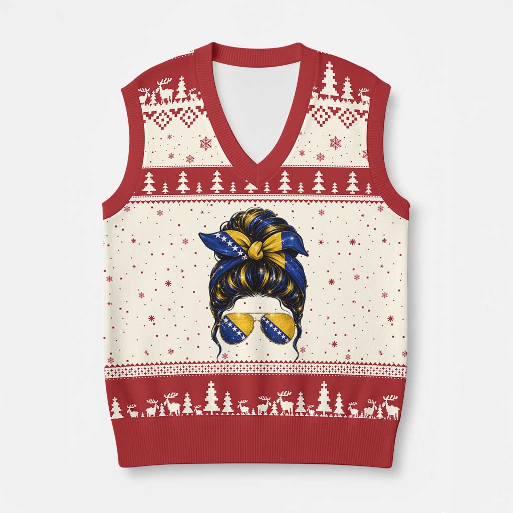 Bosnian Girl Messy Bun Flag Bandana Woman Graphic V-Neck Knit Sweater Vest Bosnia Herzegovina Pride