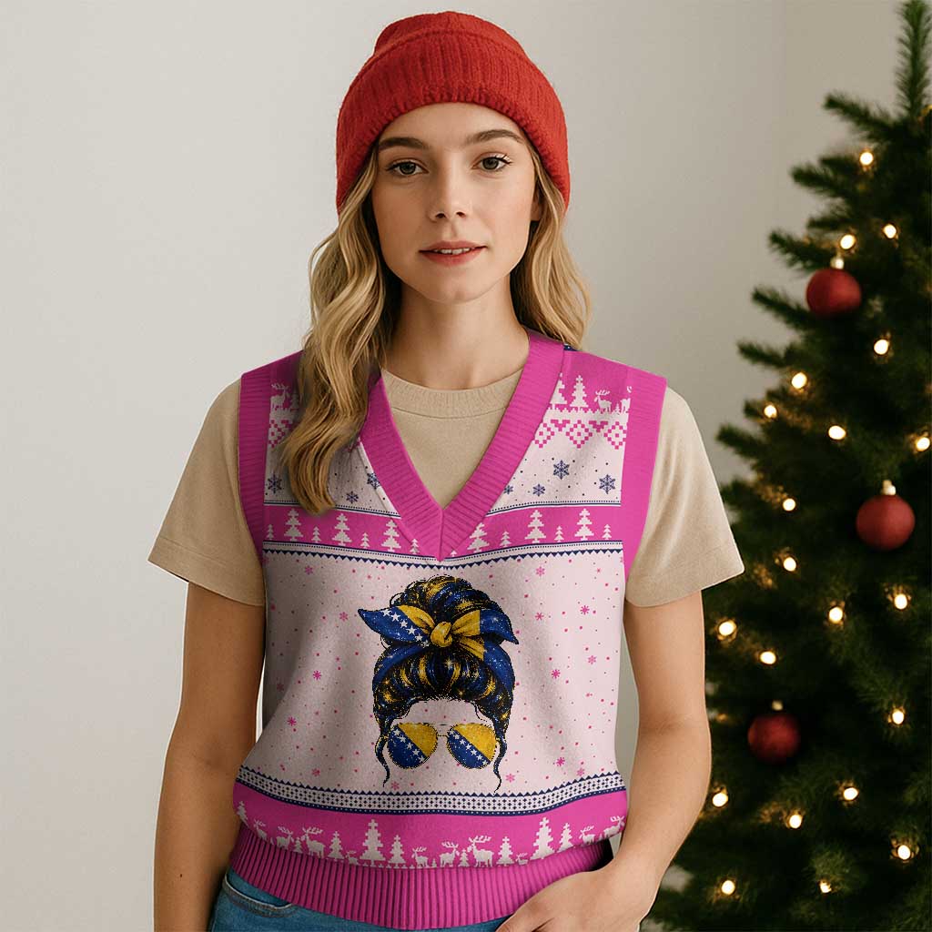 Bosnian Girl Messy Bun Flag Bandana Woman Graphic V-Neck Knit Sweater Vest Bosnia Herzegovina Pride