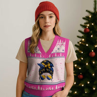 Bosnian Girl Messy Bun Flag Bandana Woman Graphic V-Neck Knit Sweater Vest Bosnia Herzegovina Pride
