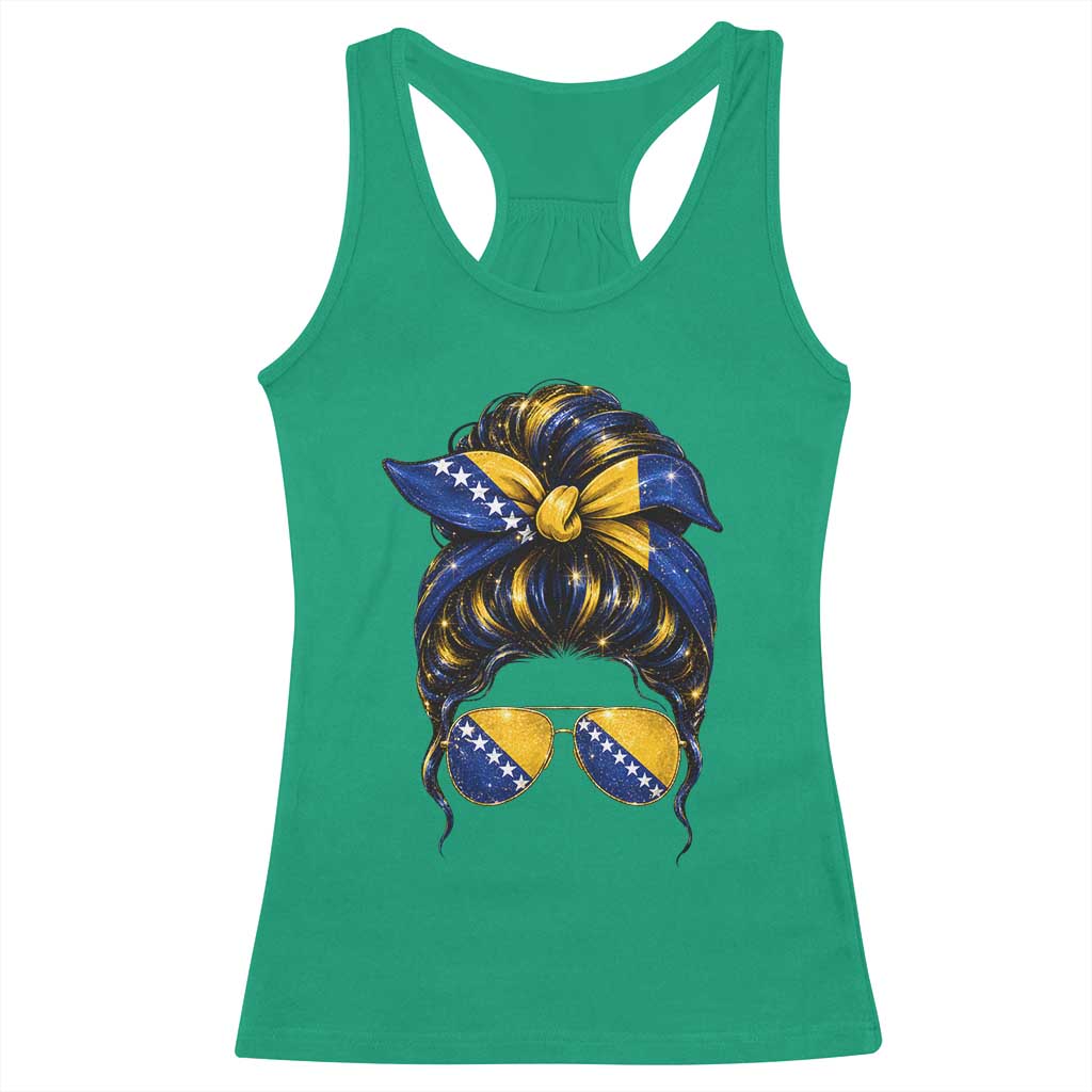 Bosnian Girl Messy Bun Flag Bandana Woman Graphic Racerback Tank Top Bosnia Herzegovina Pride
