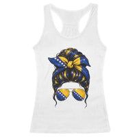 Bosnian Girl Messy Bun Flag Bandana Woman Graphic Racerback Tank Top Bosnia Herzegovina Pride