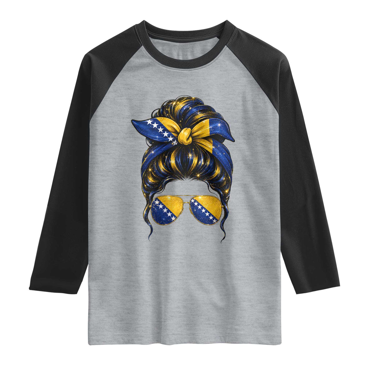 Bosnian Girl Messy Bun Flag Bandana Woman Graphic Raglan Shirt Bosnia Herzegovina Pride