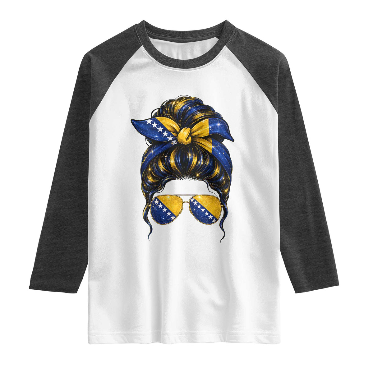 Bosnian Girl Messy Bun Flag Bandana Woman Graphic Raglan Shirt Bosnia Herzegovina Pride