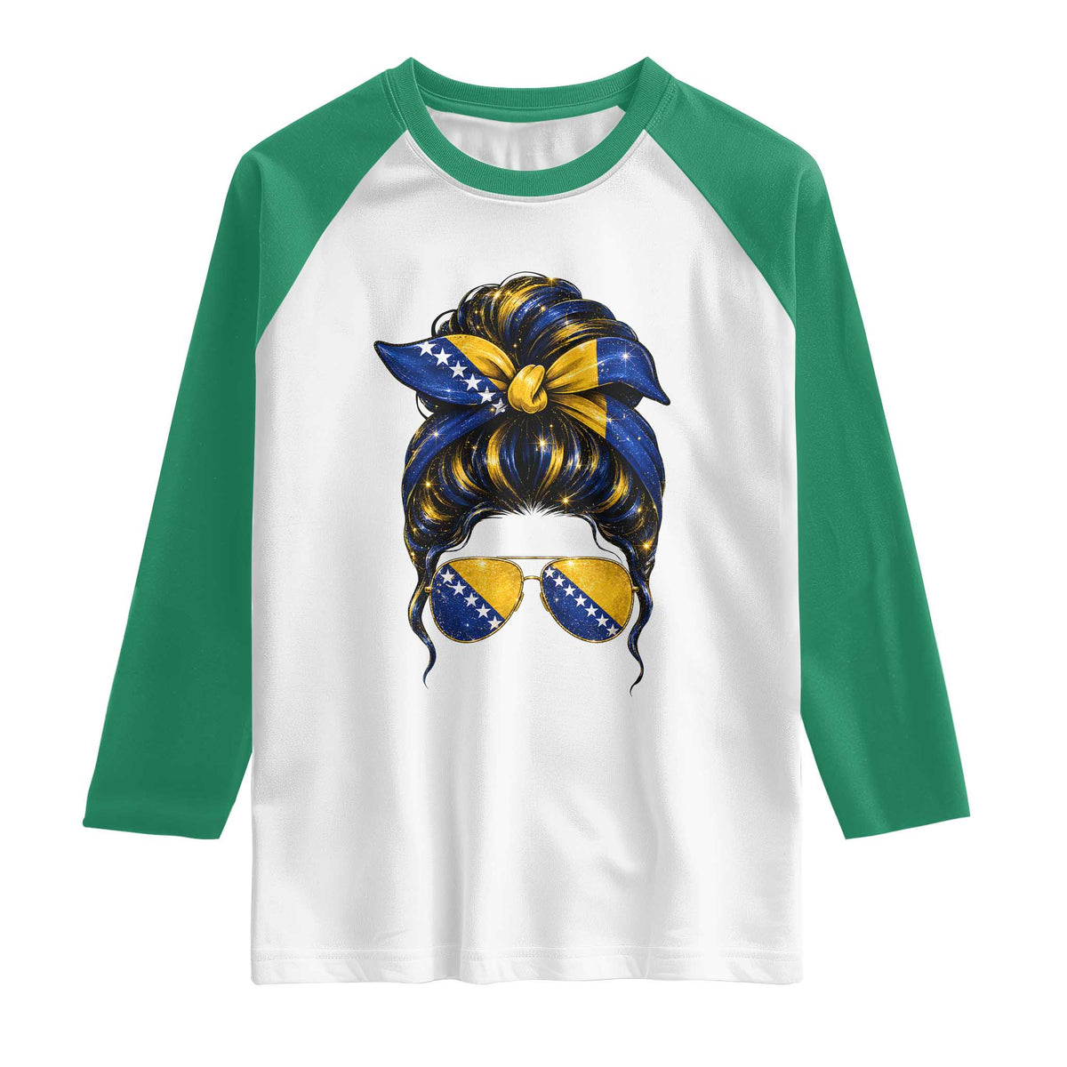 Bosnian Girl Messy Bun Flag Bandana Woman Graphic Raglan Shirt Bosnia Herzegovina Pride