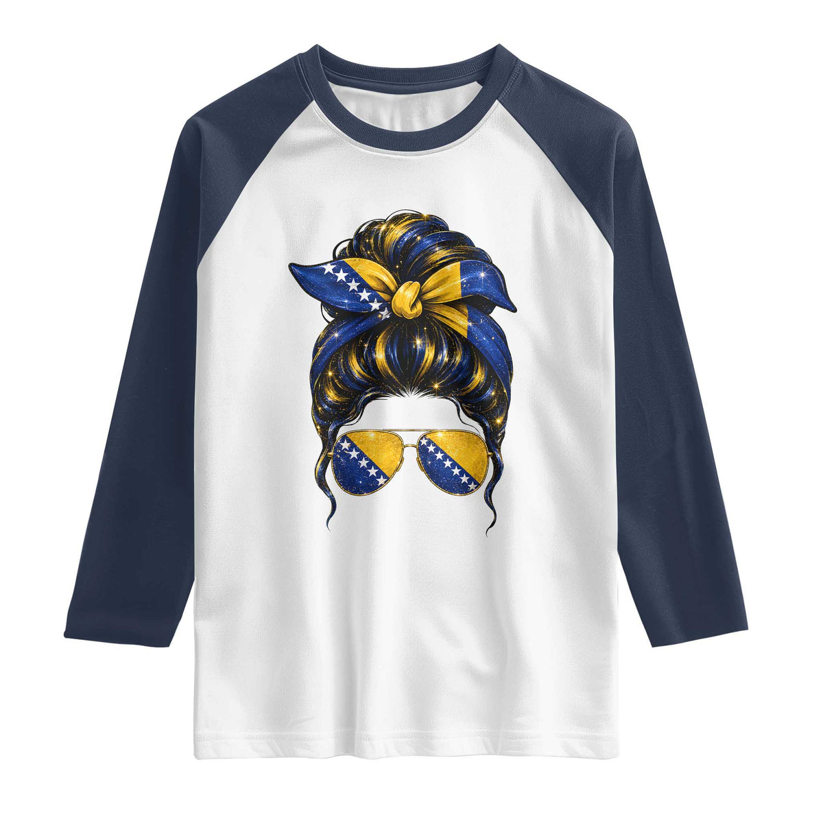 Bosnian Girl Messy Bun Flag Bandana Woman Graphic Raglan Shirt Bosnia Herzegovina Pride