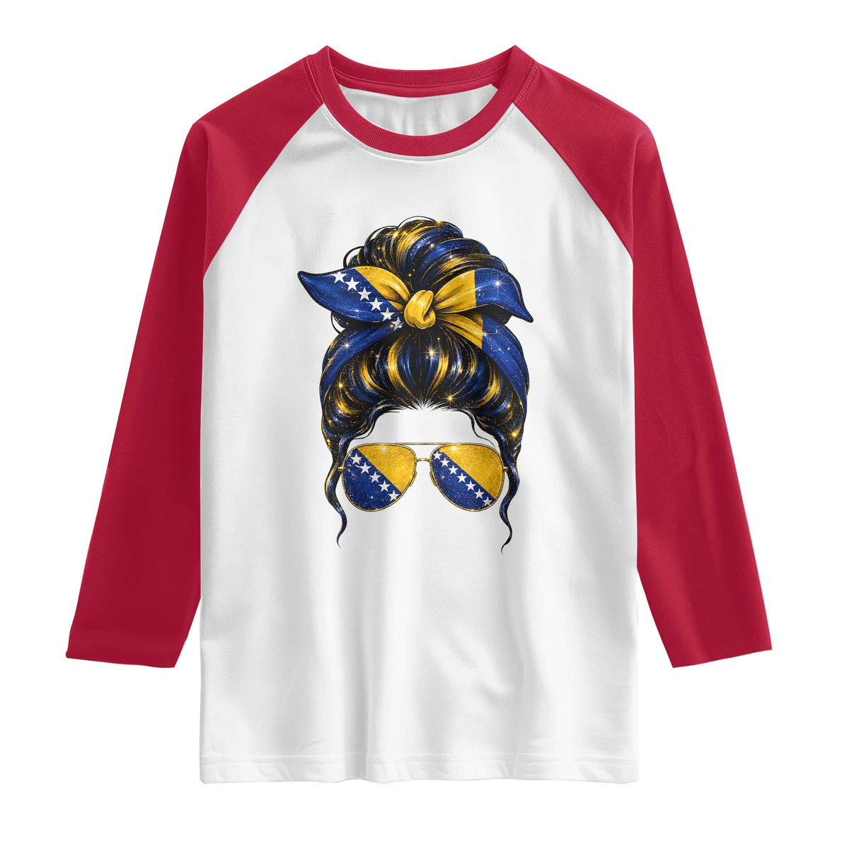 Bosnian Girl Messy Bun Flag Bandana Woman Graphic Raglan Shirt Bosnia Herzegovina Pride